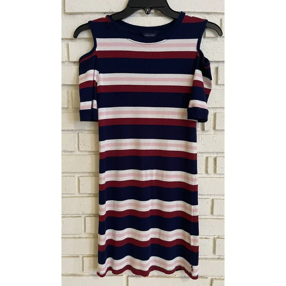 Tommy Hilfiger Girls Large 12-14 Colorful Stripe‎ Cold Shoulder Sweater Dress